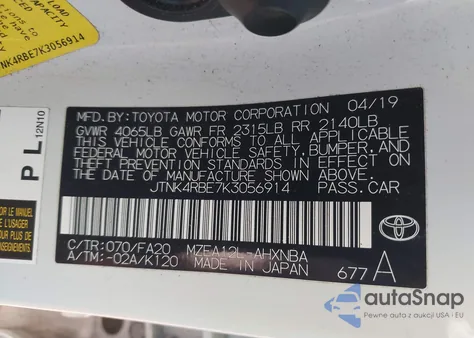 2019 Toyota Corolla Se из США, поврежденный, VIN JTNK4RBE7K3056914